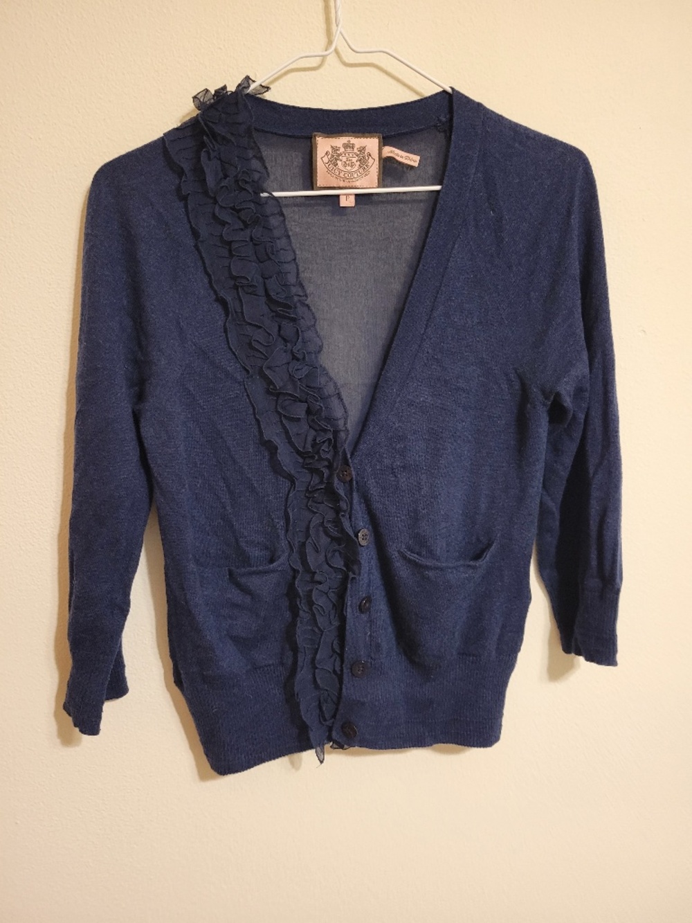 Juicy Couture Navy Blue Cardigan with Ruffled Lapel and Sheer Back Size P